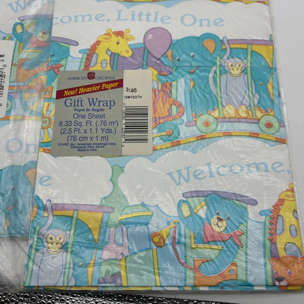American Greetings Welcome Little One Baby Train Gift Wrap‎ Paper One Sheet x3